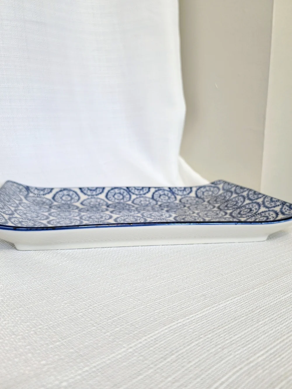 Pier 1 Stoneware Tray Platter Blue White 12x8 Curved Edge Dish Vanity Dresser